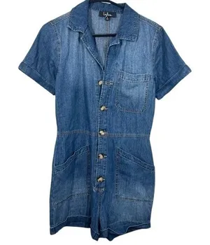 Lulu's Size Small Denim Chambray Dark Wash‎ Short Sleeve Romper Jumpsuit Casual thumbnail 1