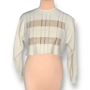 Vintage Sweater Tan Knit Striped Custom Cropped Crew Neck Indie Lightweight thumbnail 8