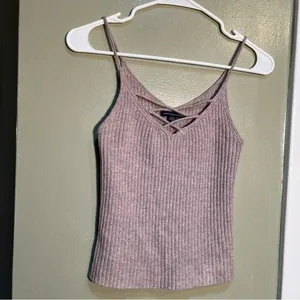 American Eagle‎ Women's Size Small Knit Tank Top Ribbed Beige V-Neck Lace Up thumbnail 2