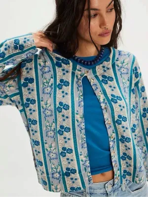Free People Nocturnal Cashmere Cardi Cardigan Sweater Cottage Blue Floral Large thumbnail 1