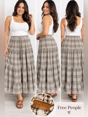 Free People Neutral Plaid Tiered Maxi Skirt thumbnail 2