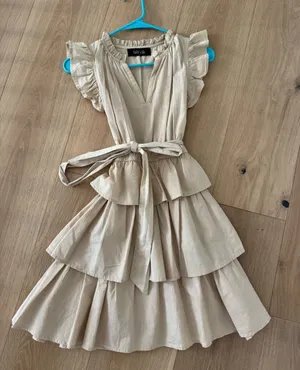 fab'rik Cream Tiered Midi Dress with Waist Tie and Ruffle Sleeves thumbnail 1