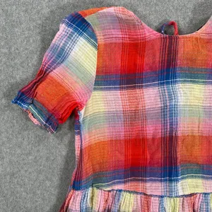Zara Plaid Tie Back Peplum Shirt Womens Small Red Short Sleeve Ruffle Round Neck thumbnail 3