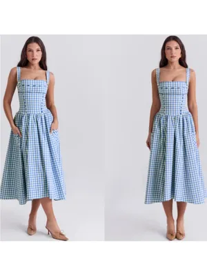 HOUSE OF CB 'Vivien' Regatta Blue Gingham Midi Sundress NEW thumbnail 2