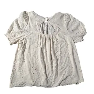 Torrid Eyelet Blouse Womens 1 White Smocked Puff‎ Sleeve Boho Pom Pom Trim Top thumbnail 2