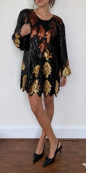 Vintage 90s Black Gold Fall Leaf Pattern Silk Sequin Long Sleeve Shift Dress thumbnail 1