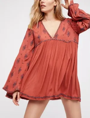 Free‎ People Tunic Womens S Red Embroidered Babydoll V Neck Boho NWT Flawed thumbnail 1