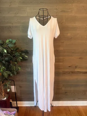 Casual White V-Neck Short Sleeve Maxi Dress with Side Slit thumbnail 2