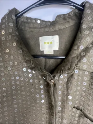 Maeve Anthropologie Olive Green Sequin Covered Oversized Long Sleeve Button Down thumbnail 3