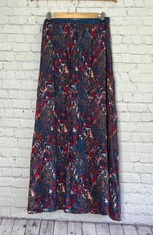 Angie Colorful Boho Flowy Maxi Skirt. Like new. Elastic waistband. Long beaded ties. Blue orange red white. Great festival skirt. Watercolor. 39” long. 13”-16” waist thumbnail 1