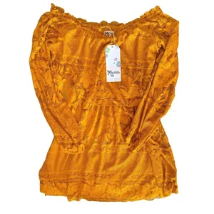 NWT Show Me Your Mumu Bess Lace Off Shoulder Boho Flowy Dress Mustard Yellow Med thumbnail 5