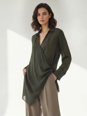 Zara Dark Green Wool Blend Draped Asymmetrical Avant Garde Long Wrap Blouse L thumbnail 2
