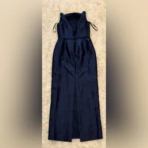 NEW Alfred Sung Strapless Bow Belt Satin Twill Column midnight blue Gown Sz 2 thumbnail 7