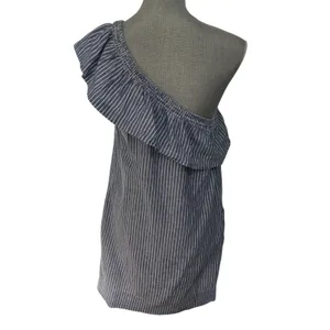 Aqua Linen Blend Blue White Striped One Shoulder Mini Dress S Ruffle Pockets thumbnail 3