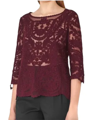 REISS Alden Lace 3/4 Sleeve Claret Burgundy Semi Sheer Blouse‎ Top Large thumbnail 1