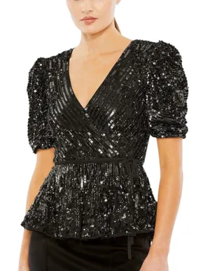 Mac Duggal R5694 Black Sequin Floral Faux Wrap Peplum Top L thumbnail 1
