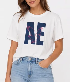 American Eagle White Graphic T-Shirt Navy AE Logo Pink Eagle Stitching Mens M thumbnail 1