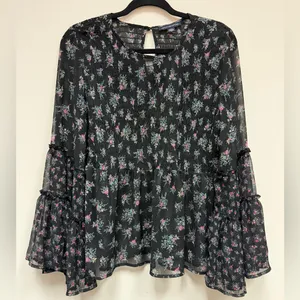 American Eagle Dark Floral Smocked Bell Sleeve Top Whimsigoth Fairy 70s Blouse M thumbnail 8