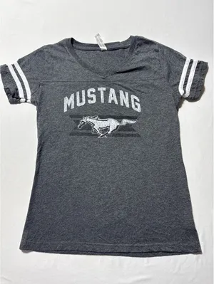 Vintage Mustang Ladies S Grey Tee with Sporty Stripes thumbnail 1