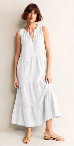 NWT Boden Double Cloth Tiered Maxi Dress White Cotton 8P Medium D0911 thumbnail 1