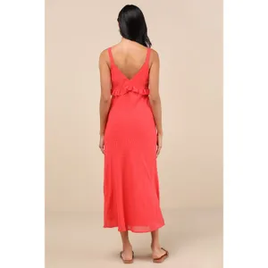 NWT Lulus Lulus Valonia Red Orange Ruffled Clip Dot Empire Waist Midi Dress Sz M thumbnail 3