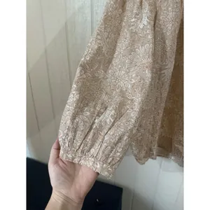 LOFT Womens Tan White Floral Metallic Shimmer Split Neck Blouse Size S thumbnail 5