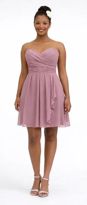 NWT David’s Bridal Formal Mauve Chiffon Ruched Strapless Size 12 Mini Dress thumbnail 1