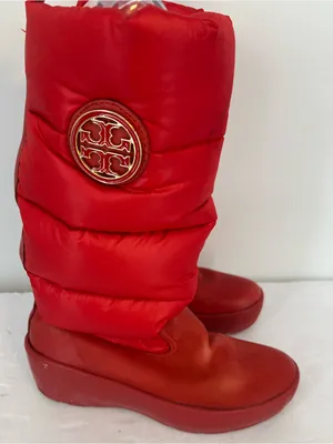 Tory Burch Red Quilted Wedge Winter Boots with Gold Logo thumbnail 1