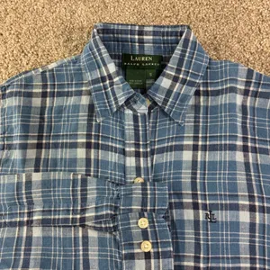 Lauren Ralph‎ Lauren Linen Plaid Shirt Womens S Blue Long Sleeve Button Preppy thumbnail 8