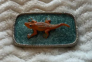 Orange Lizard Reptile Alligator belt buckle with Teal Glitter Accent thumbnail 1