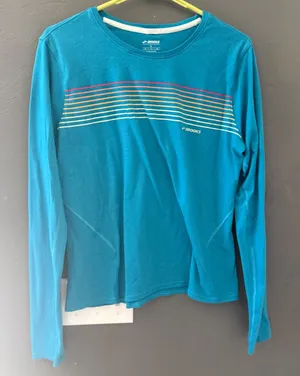 Brooks Womens Teal Blue Long Sleeve‎ Running Shirt Retro Stripe Graphic Large thumbnail 1