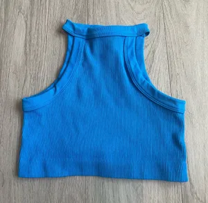 Blue Ribbed High-Neck Crop Tank Top - Women thumbnail 1