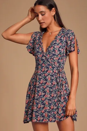 Lulus Audacious Audrey Navy Blue Floral Print Wrap Dress thumbnail 1