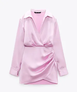 ZARA mini dress satin effect drapped long sleeve pink party wedding coctail thumbnail 5