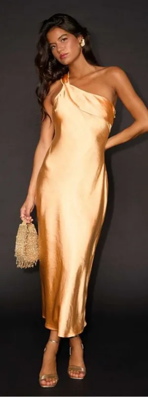 Lulus Naima Light Orange Satin One-Shoulder Midi Dress Size Small Cocktail Sexy thumbnail 1