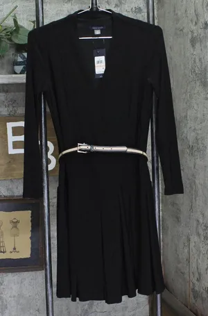 Tommy Hilfiger Womens Pleated Belted Knit Fit Flare Dress A4JJ1AST Black 2 thumbnail 1