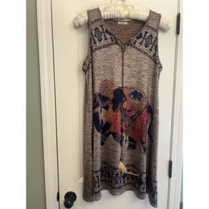 GM Women’s L/XL Boho Elephant Print Sleeveless Tunic Dress Feather Tie Brown Top thumbnail 12