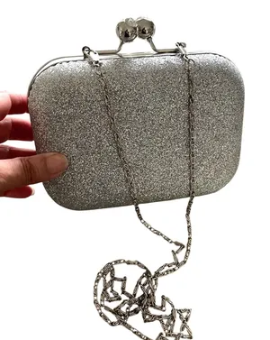 Unbranded Evening Clutch Womens Small Silver Glitter Glam Kiss‎ Lock Chain Strap thumbnail 1