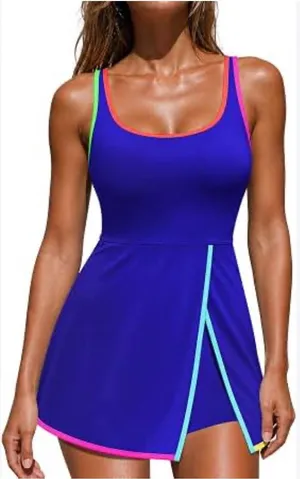 RIHOAS Royal Blue Swimdress with Neon Pink & Lime Trim thumbnail 1