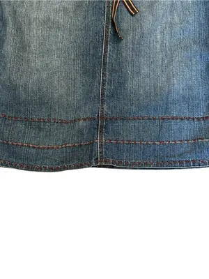 Vintage Y2K Denim Skirt Size 6 Low Rise Grommet Ribbon Belt Boho Streetwear thumbnail 5