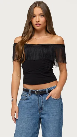 Edikted Catelina Fringe Off Shoulder Top thumbnail 1