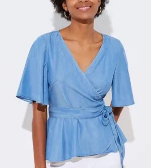 Loft Denim Wrap Top thumbnail 1