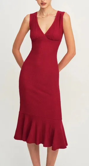 Rihoas Red V Neck A-Line Midi Dress thumbnail 1