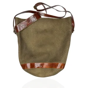 Furla Soft Italian Suede Large‎ Hobo Bag Brown Croc Embossed Leather Trim Buckle thumbnail 2
