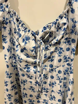 Blue Floral Puff-Sleeve Midi Dress Size M thumbnail 2