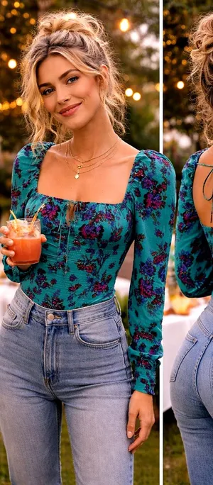 Free People Hilary Floral Printed Low Square Back Top Teal M thumbnail 1