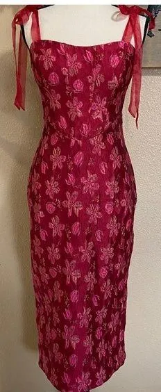 NWOT Lulus Lovely Darling Magenta Floral Jacquard Tie-Strap Midi Dress thumbnail 1