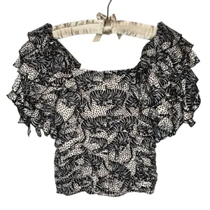 ZARA Blouse Small Tiger Animal‎ Print Ruffle Square Neck Ruched Statement RARE thumbnail 5