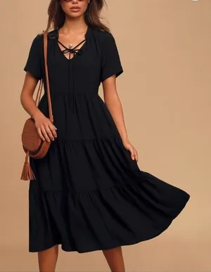 Lulus Lovely to Meet You Black Short Sleeve Tiered Midi Dress‎ SMALL thumbnail 1