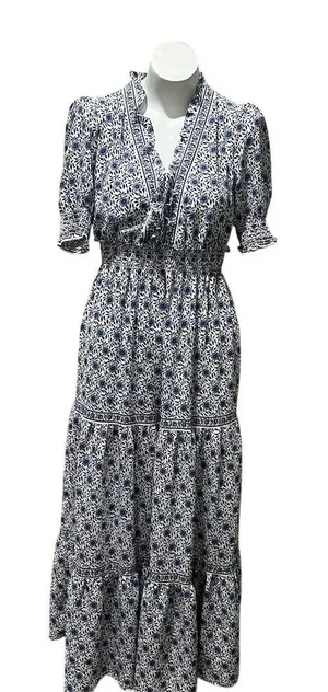 Max Studio Women's XS Blue Floral Maxi Dress Boho Chic 3/4 Sleeve thumbnail 1